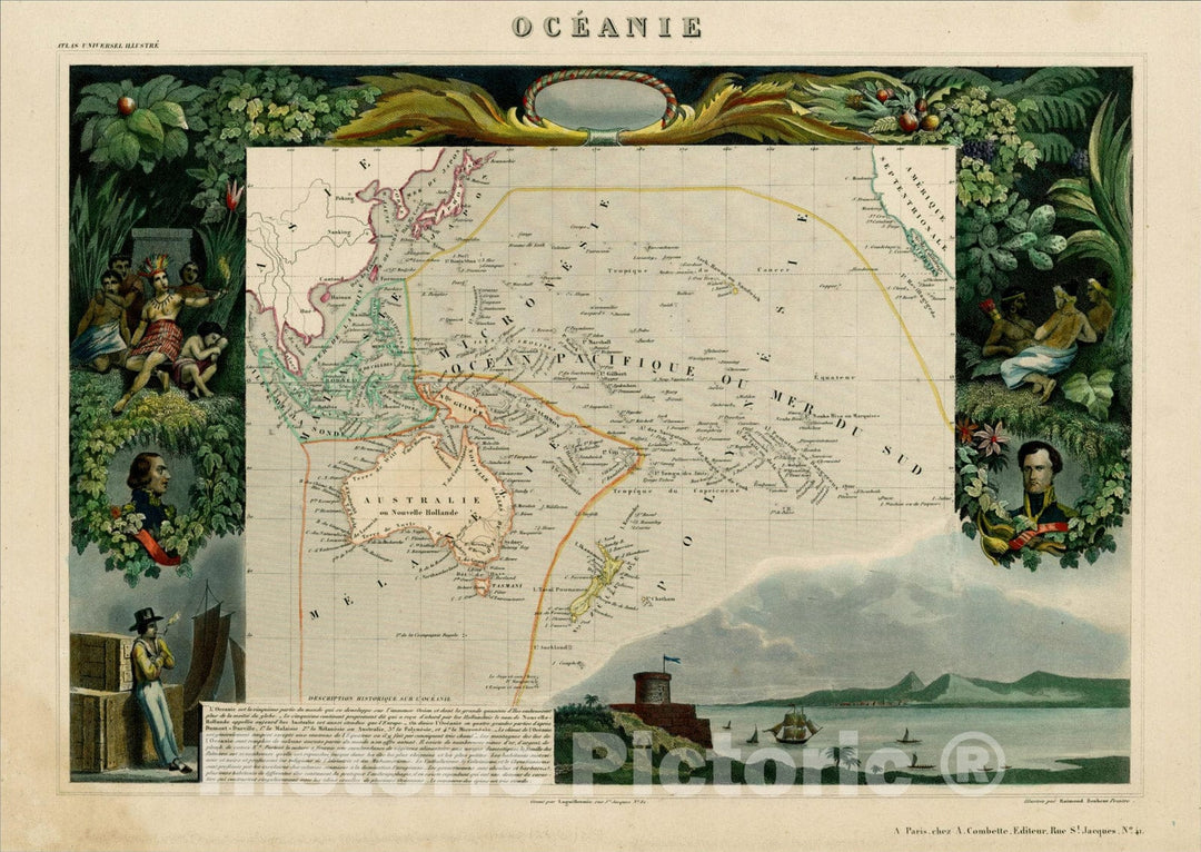 Historic Map : Oceanie, 1845, Victor Levasseur, Vintage Wall Art