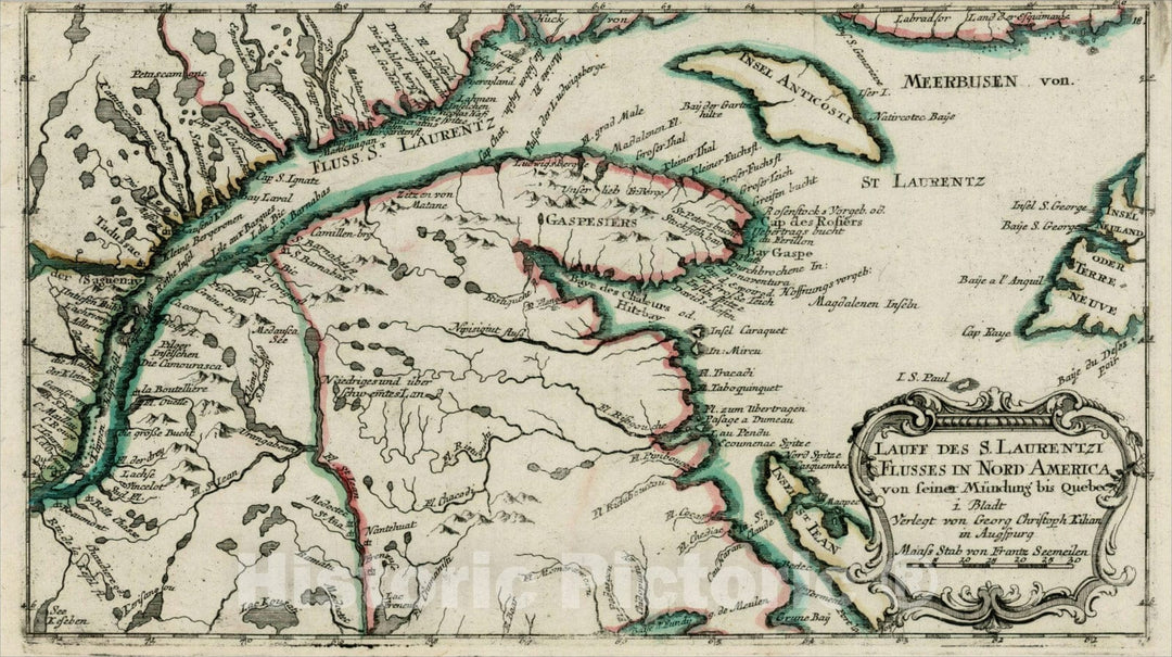 Historic Map : Lauff Des S. Laurentzi Flosses in Nord America von seiner Mundung bis Quebec. i. Bladt, 1760, Christian Friedrich von der Heiden, Vintage Wall Art