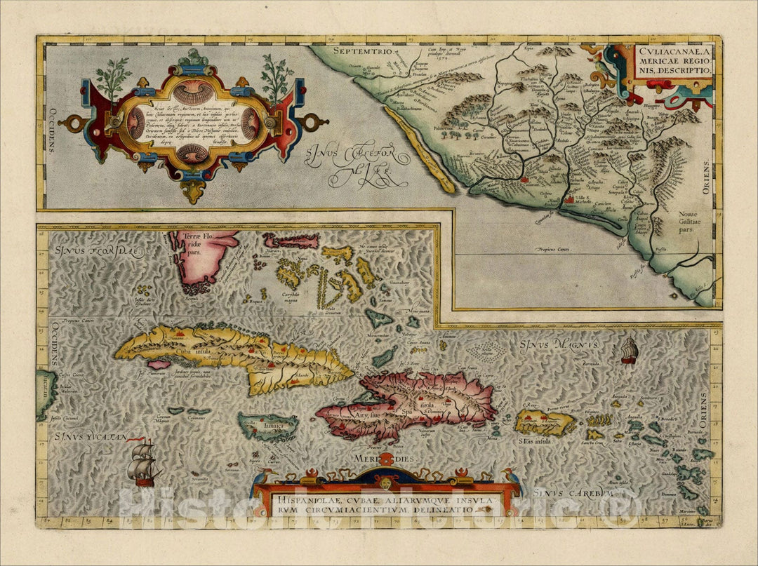 Historic Map : Culiacanae, Americae Regionis, Descriptio with Hispaniolae, Cubae, Aliarumqe Insualrum Circumiacientium Delineatio, 1609, , Vintage Wall Art