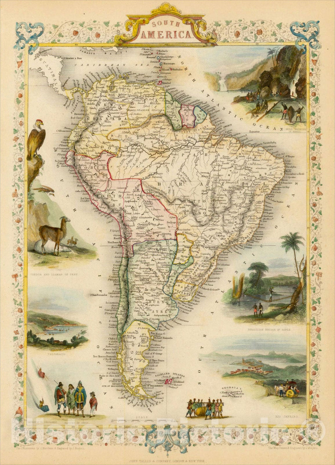 Historic Map : South America, 1851, John Tallis, v1, Vintage Wall Art