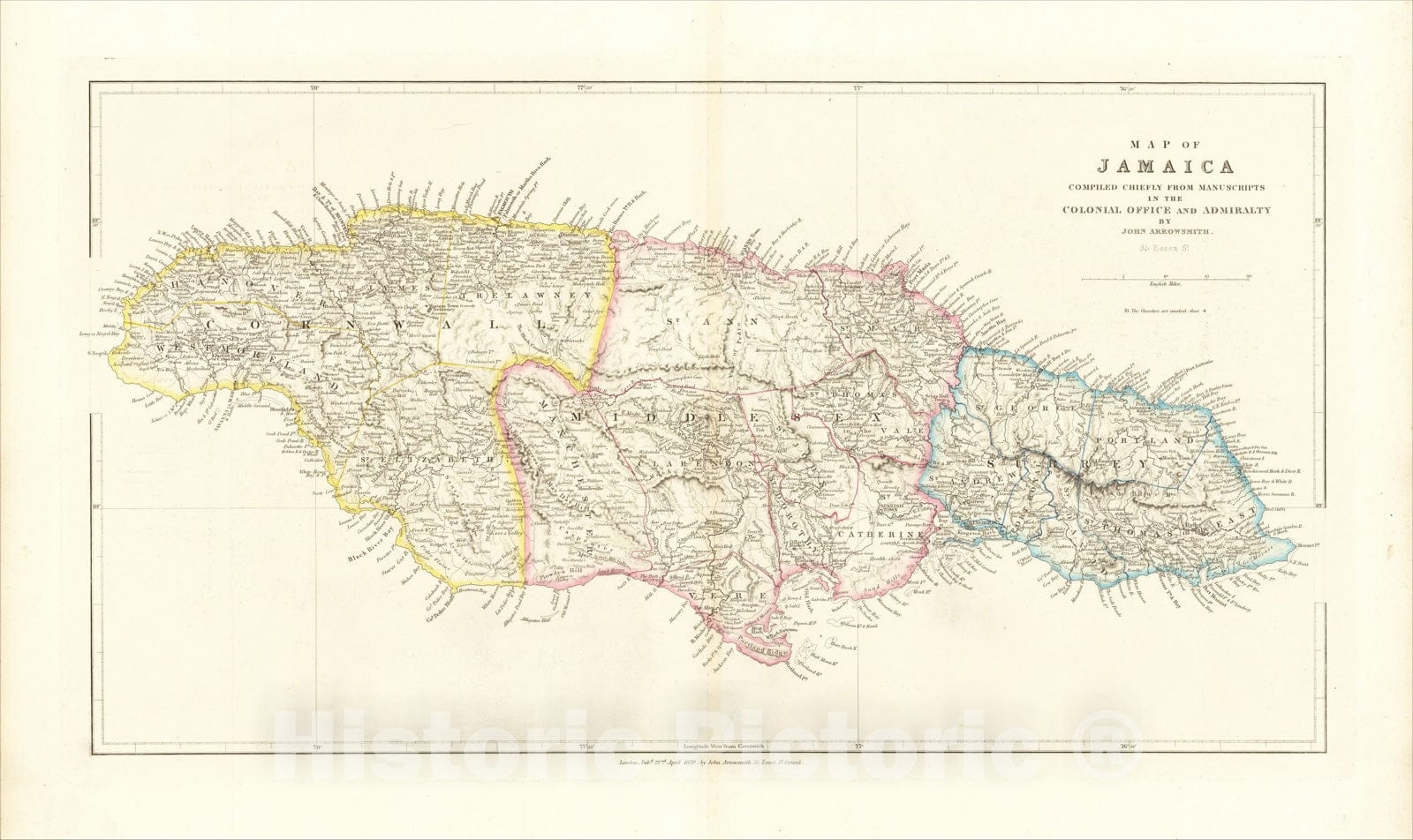 Historic Map : Map of Jamaica Compiled Chiefly From Manuscripts in the Colonial Office and Admiralty By John Arrowsmith 1839, 1839, John Arrowsmith, Vintage Wall Art