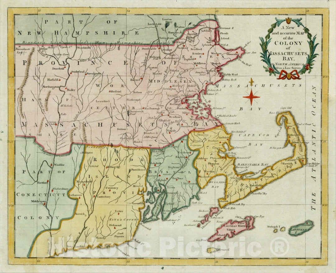 Historic Map : A New and Accurate Map of the Colony of Massachusets Bay, In North America from a Late Survey, 1780, Universal Magazine, Vintage Wall Art