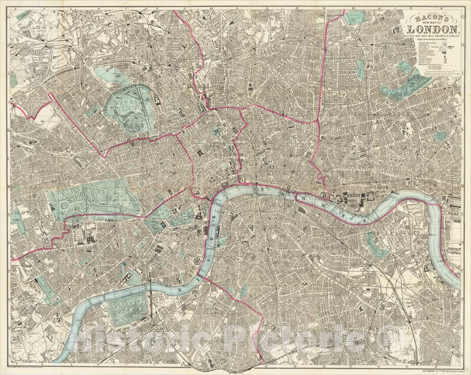 Historic Map : Bacon's New Map of London Divided into Half Mile Squares and Circles., c1890, G.W. Bacon & Co., Vintage Wall Art