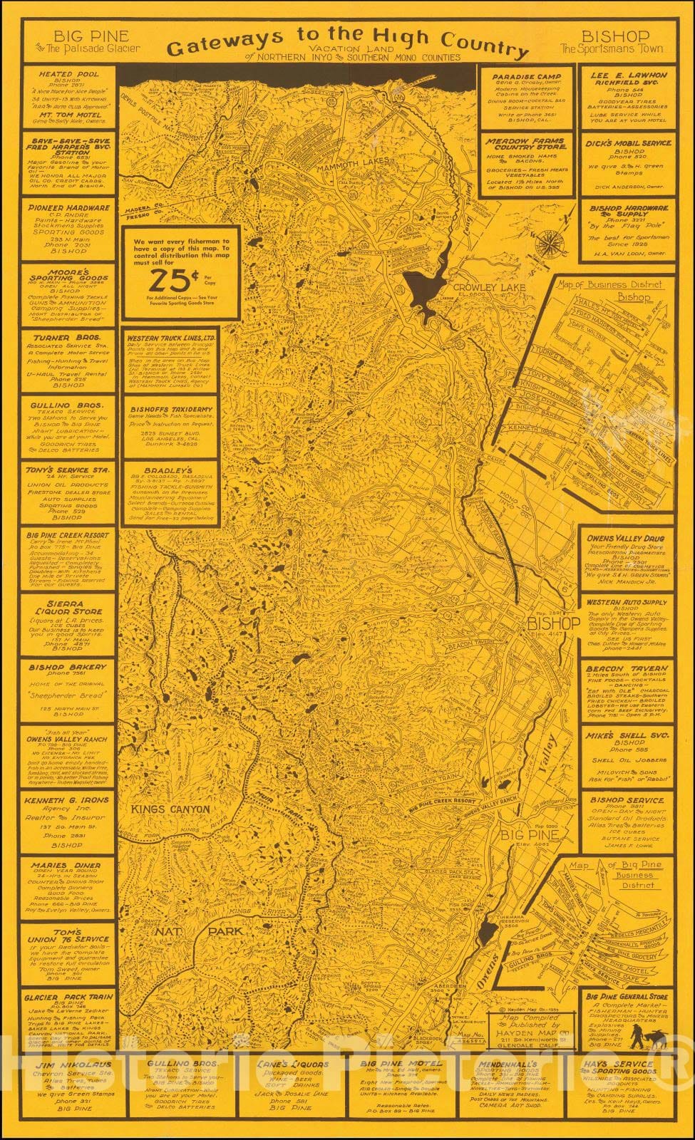 Historic Map : Gateways to the High Country Vacation Land of Northern Inyo and Southern Mono Counties, 1955, Hayden Map Co, Vintage Wall Art