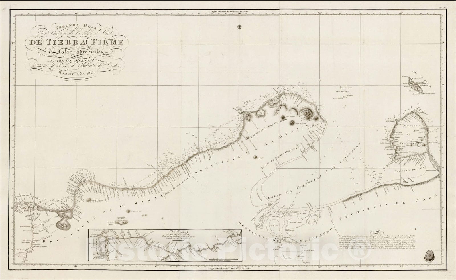 Historic Map : Tercera Hoja Que Comprende la parte de Costa De Tierra Firme Islas adyacentes, 1816, Direccion Hidrografica de Madrid, Vintage Wall Art