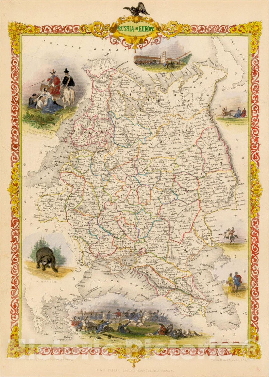 Historic Map : Russia in Europe, 1851, John Tallis, v2, Vintage Wall Art