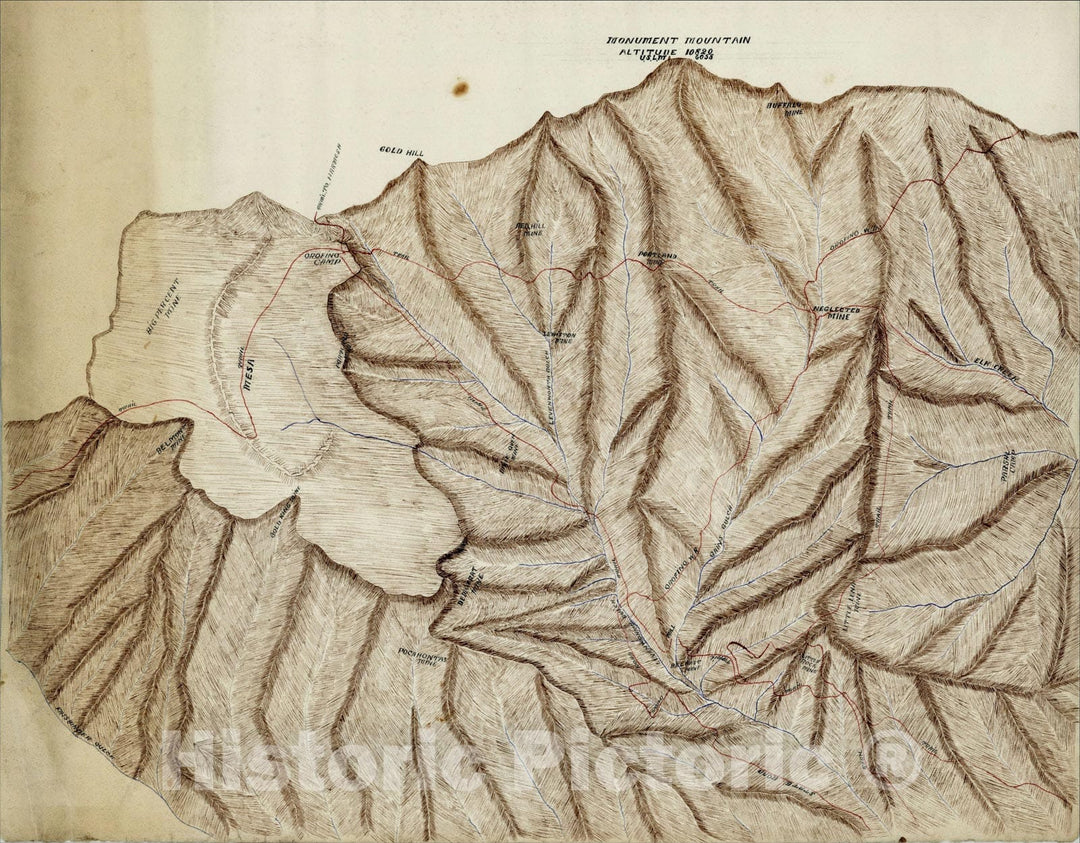 Historic Map : (Momument Mountain Topographical, Birdeye View La Plata County, Colorado) Manuscript, c1890, , Vintage Wall Art