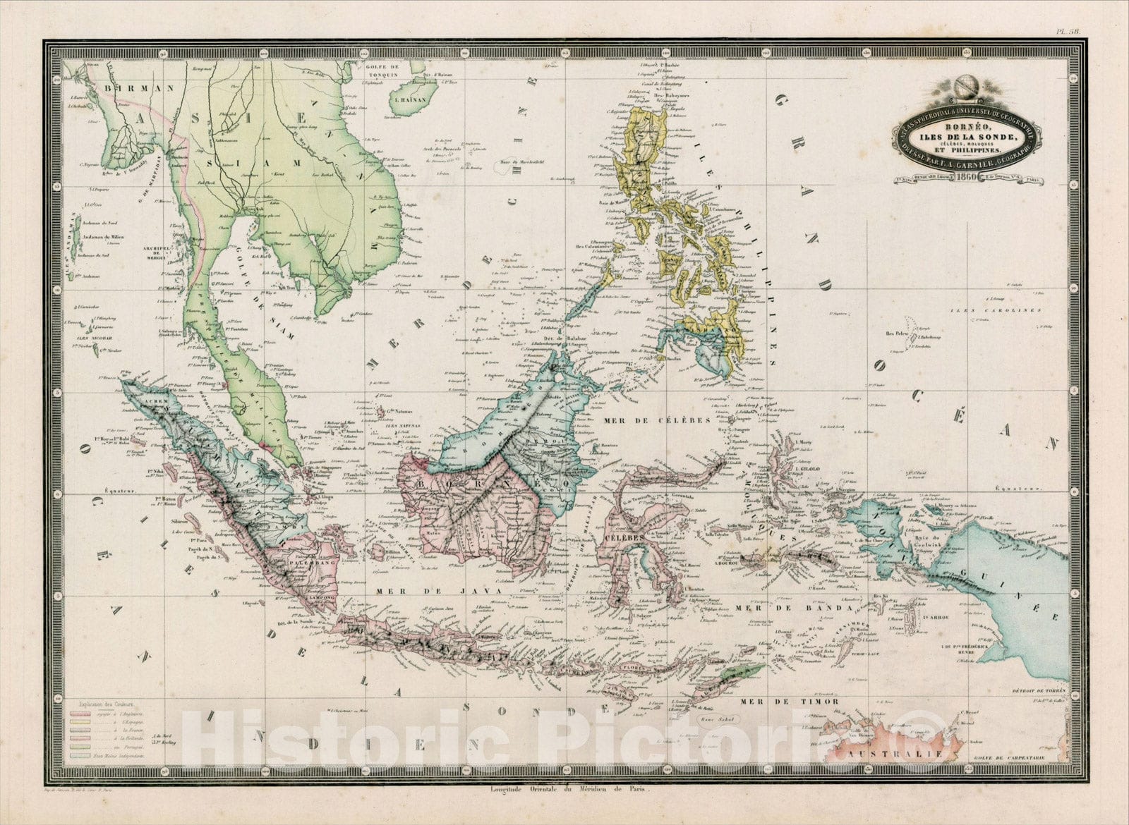 Historic Map : Borneo, Iles De La Sonde, Celebes, Moluques, et Philippines, 1860, F.A. Garnier, Vintage Wall Art