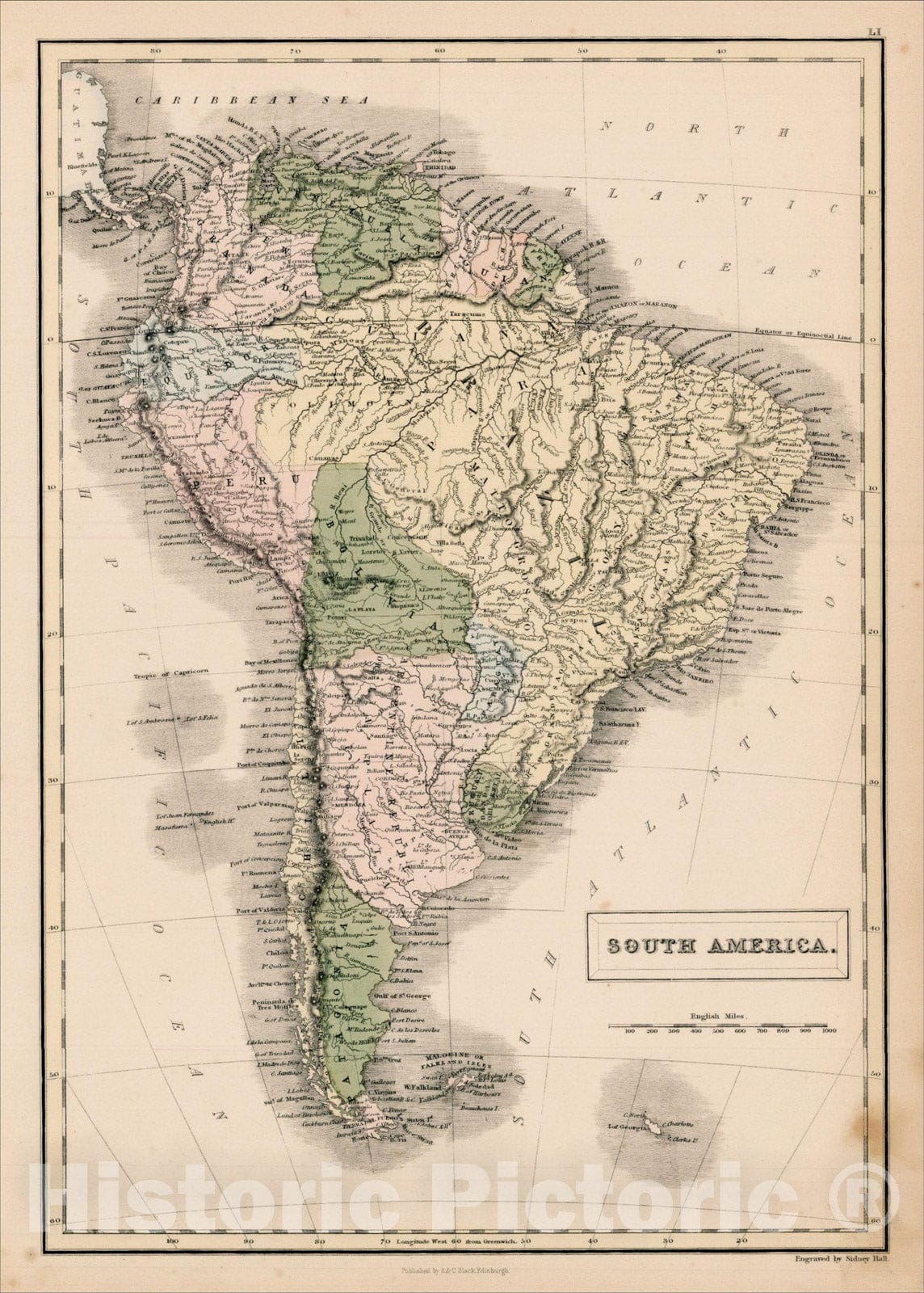 Historic Map : South America, 1854, Adam & Charles Black, Vintage Wall Art