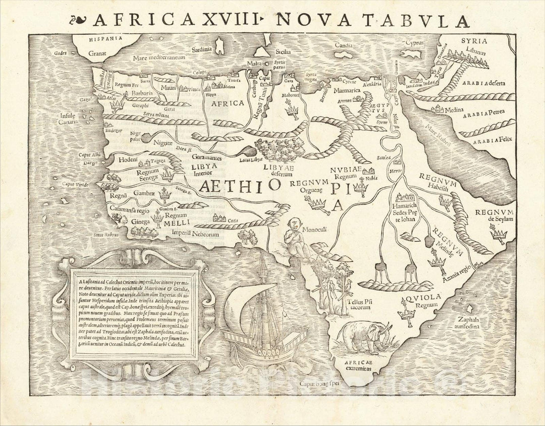 Historic Map : Africa XVIII Nova Tabula (First Printed Map of Africa), 1542, Sebastian M?nster, Vintage Wall Art