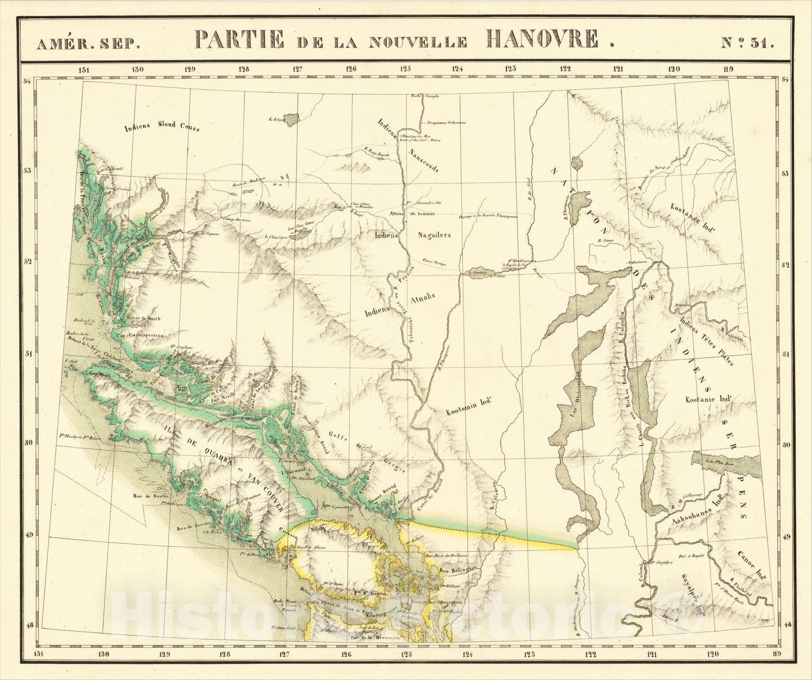 Historic Map : Amer. Sep. No. 31. Partie De La Nouvelle Hanovre [Seattle, Vancouver, Puget Sound and BC], 1825, Philippe Marie Vandermaelen, Vintage Wall Art