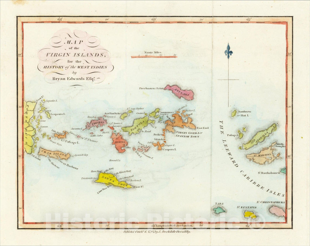 Historic Map : Map of the Virgin Islands for the History of the West Indies, 1794, Bryan Edwards, v1, Vintage Wall Art