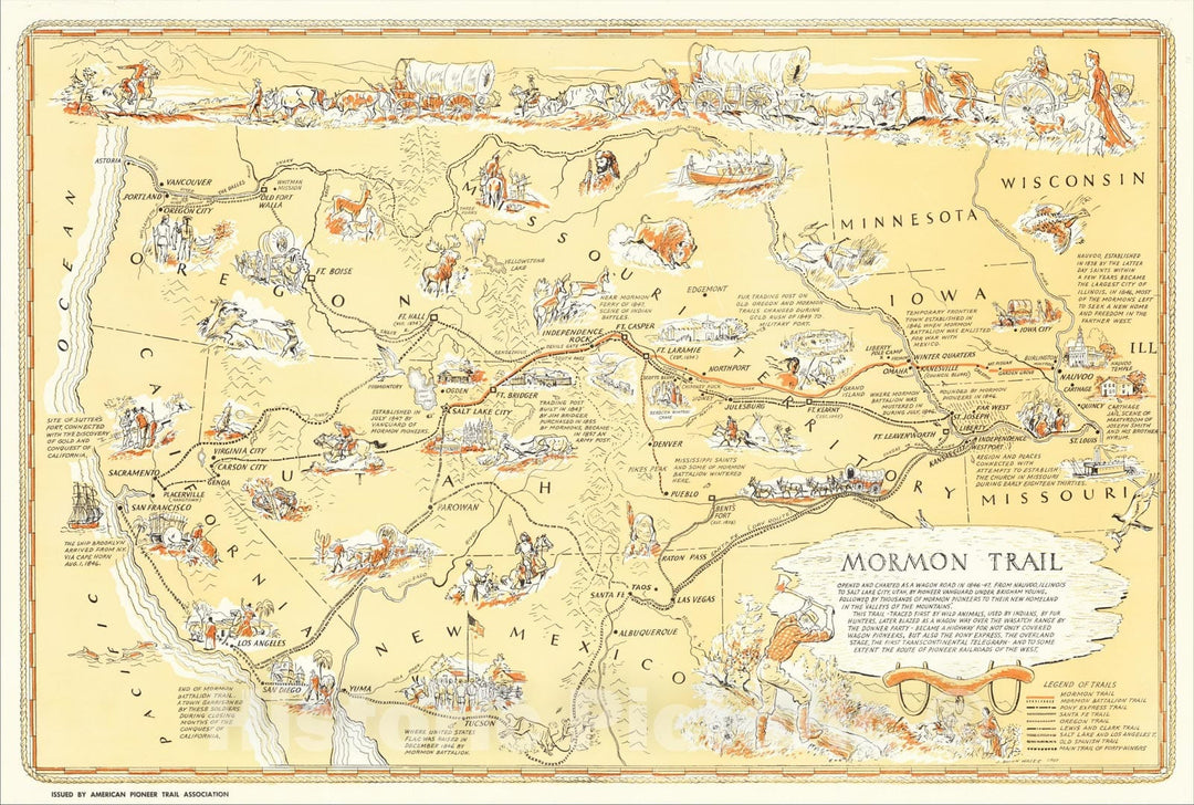 Historic Map : Mormon Trail Opened and Charted AS A Wagon Road In 1846-47, From Nauvoo, Illinois to Salt Lake City, Utah, Under Brigham Young., 1947, Vintage Wall Art