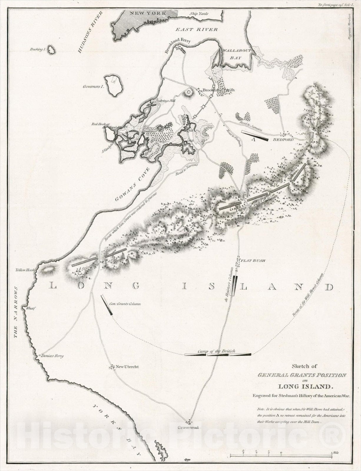 Historic Map : Sketch of General Grants Position on Long Island , 1794, Charles Stedman, Vintage Wall Art