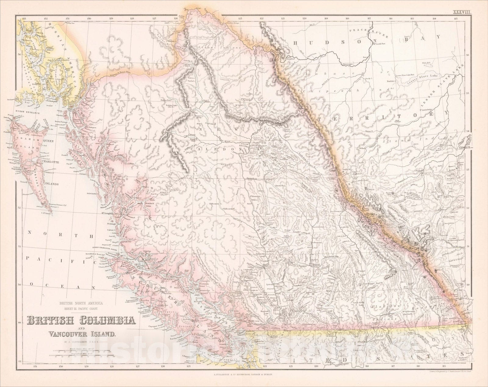 Historic Map : British Columbia, Vancouver Island, c1860, Archibald Fullarton & Co., Vintage Wall Art