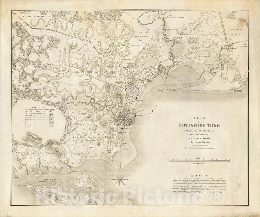 Historic Map : Plan of Singapore Town and Adjoining Districts from actual Survey by John Turnbull Thomson, Govt. Surveyor, Singapore, 1846, 1846, Vintage Wall Art