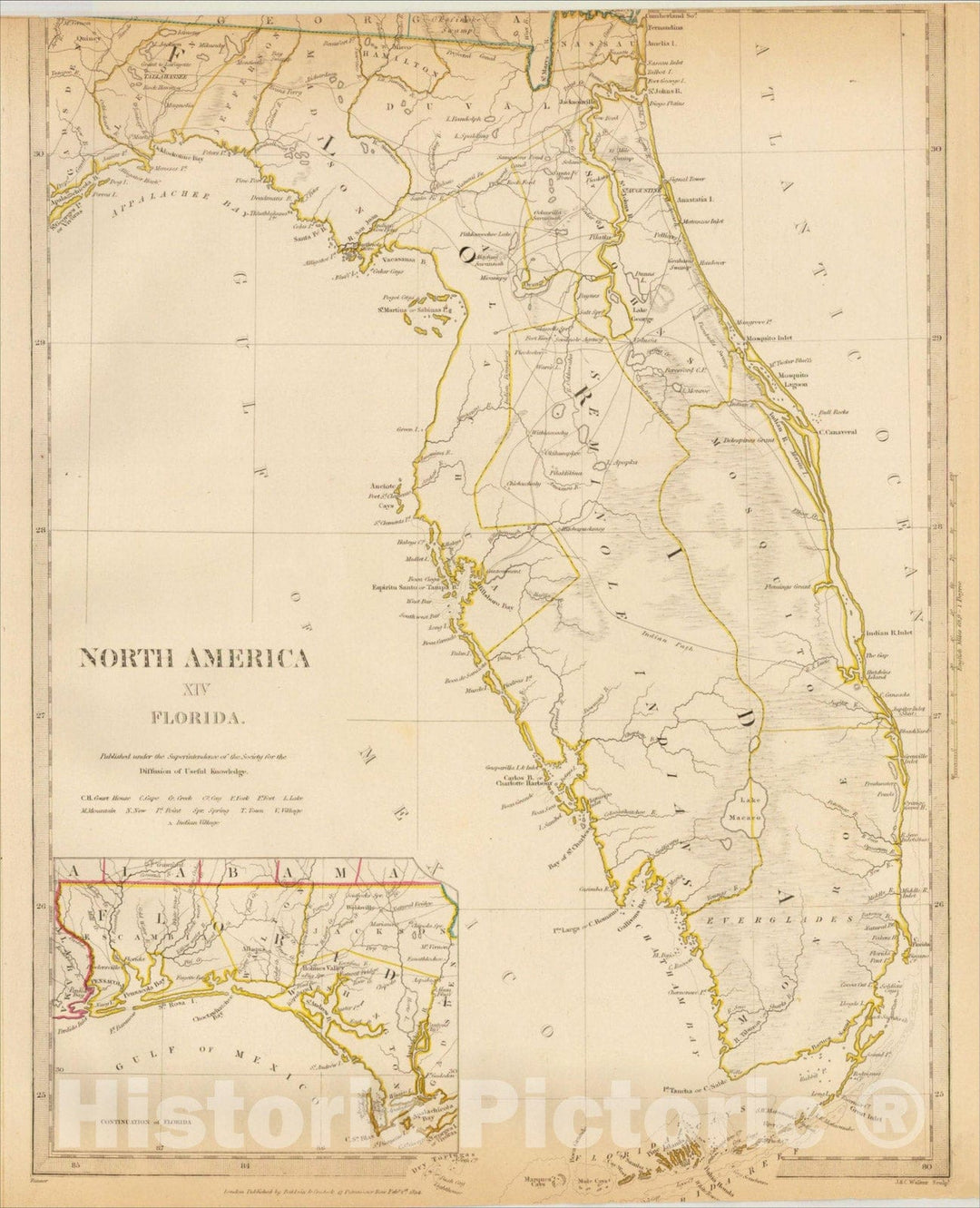 Historic Map : North America XIV Florida., 1834, SDUK, v1, Vintage Wall Art