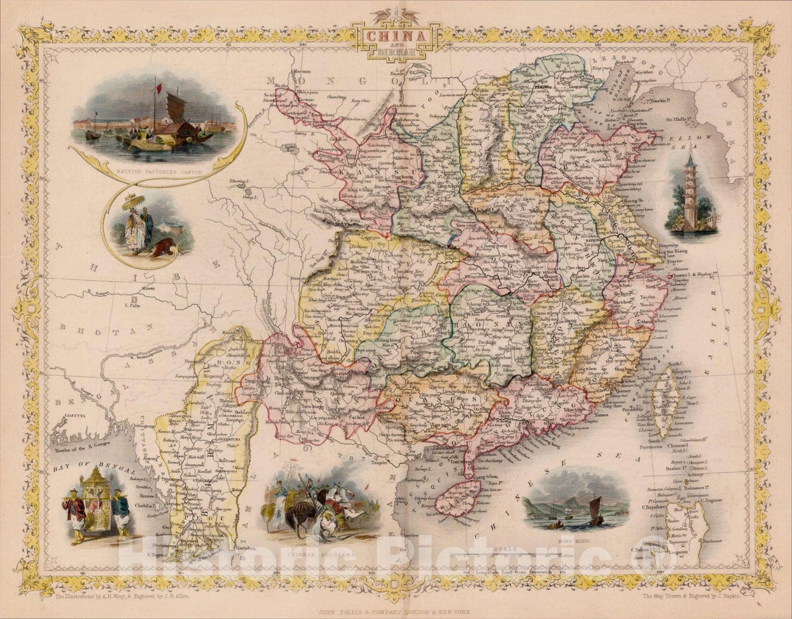 Historic Map : China and Birmah, 1851, John Tallis, v1, Vintage Wall Art