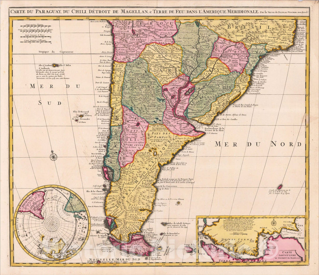 Historic Map : Carte du Paraguay, Du Chili, Detroit de Magellan, and Terre de Feu: Dans L'Amerique Meridionale , c1686, , Vintage Wall Art