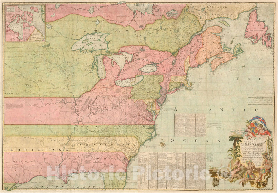 Historic Map : A Map of the British and French Dominions in North America, 1756, John Mitchell, Vintage Wall Art