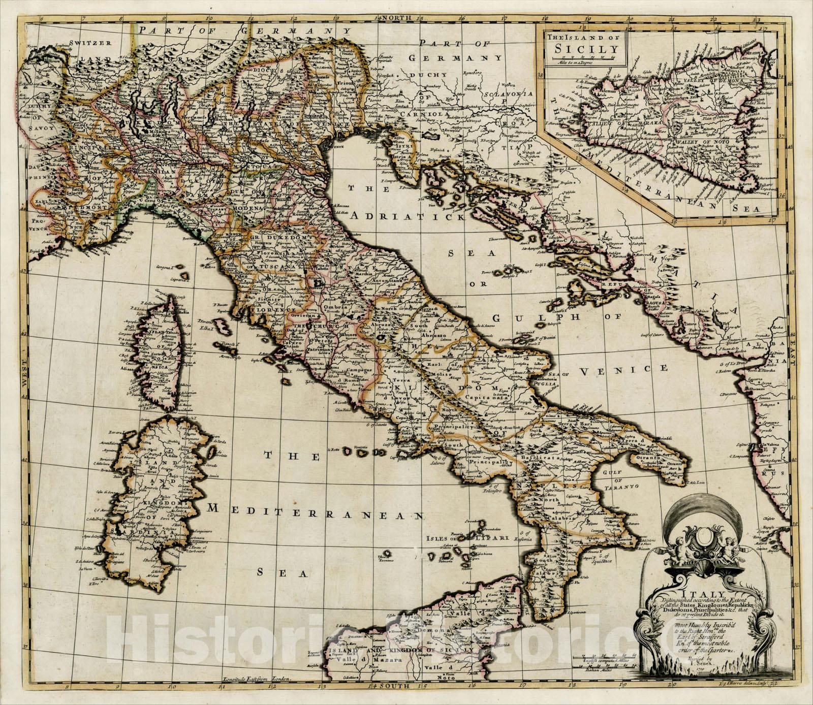 Historic Map : Italy. Distinguished according to the Extent of all the States, Kindomes, Republickes, Dukedomes, Principalities, 1721, John Senex, Vintage Wall Art