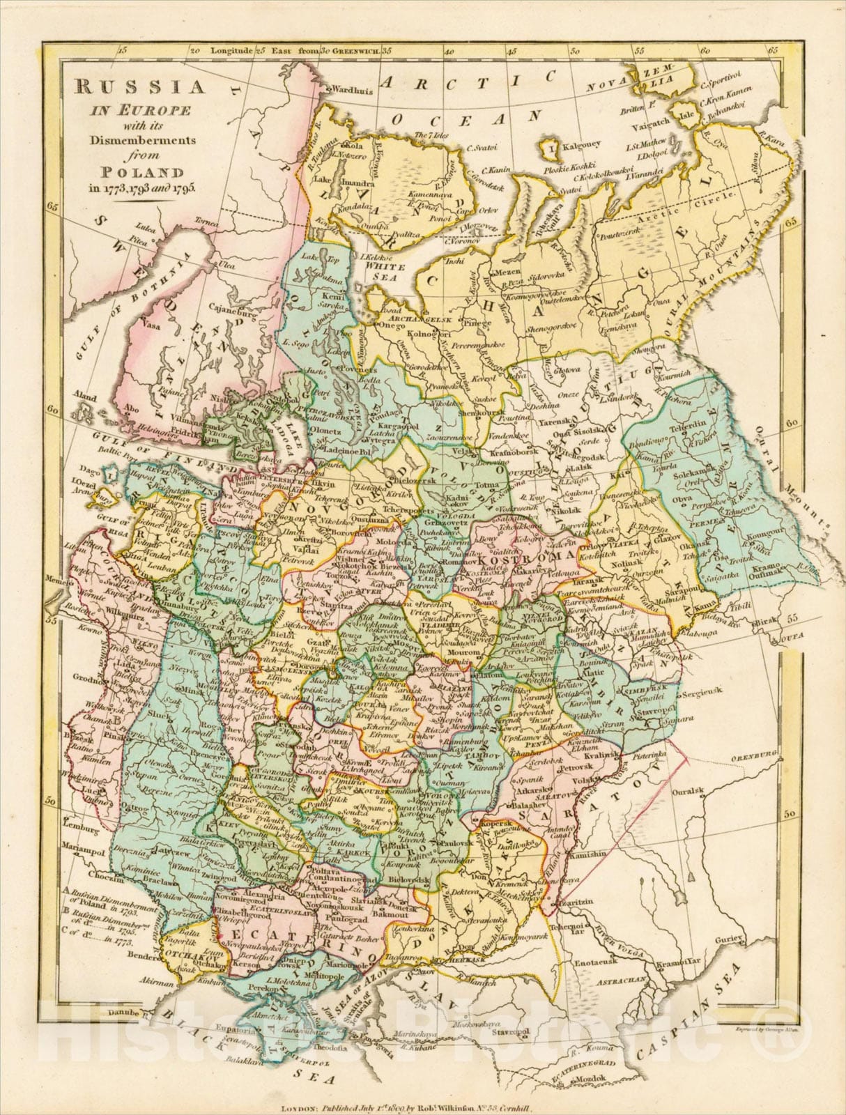 Historic Map : Russia In Europe with its Dismemberments from Poland in 1773, 1793 and 1795, 1799, Robert Wilkinson, v1, Vintage Wall Art