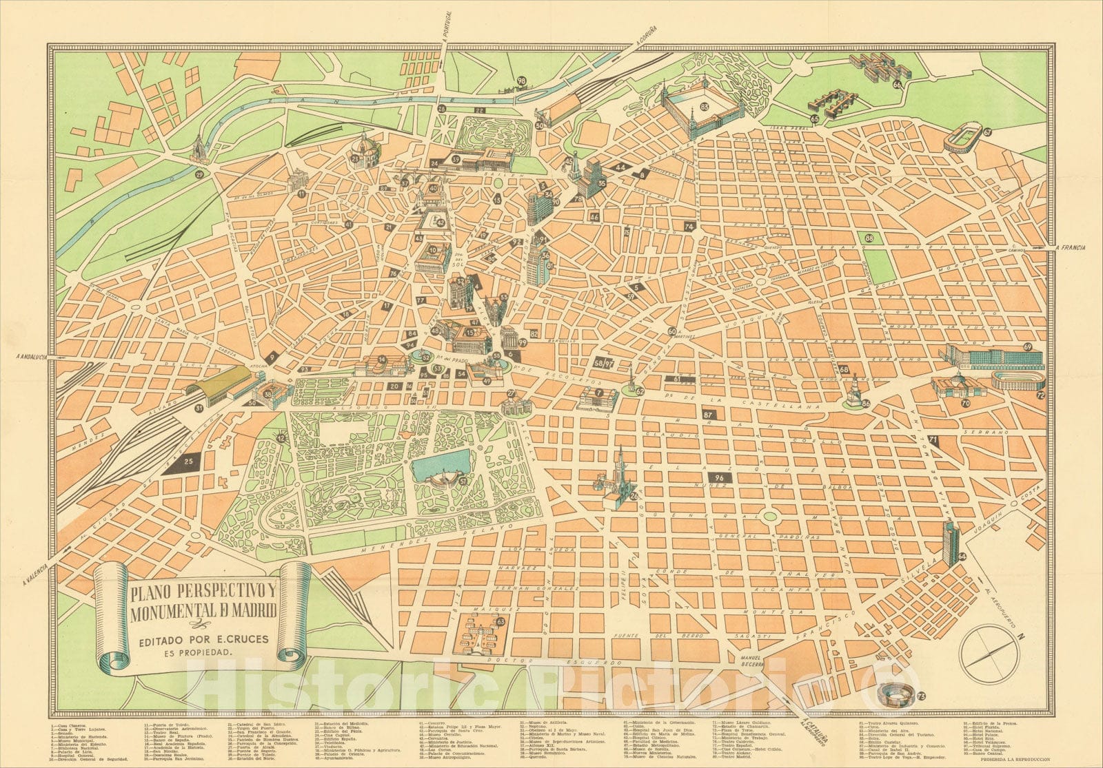 Historic Map : Plano Perspectivo y Monumental De Madrid . , c1952, E. Cruces, Vintage Wall Art