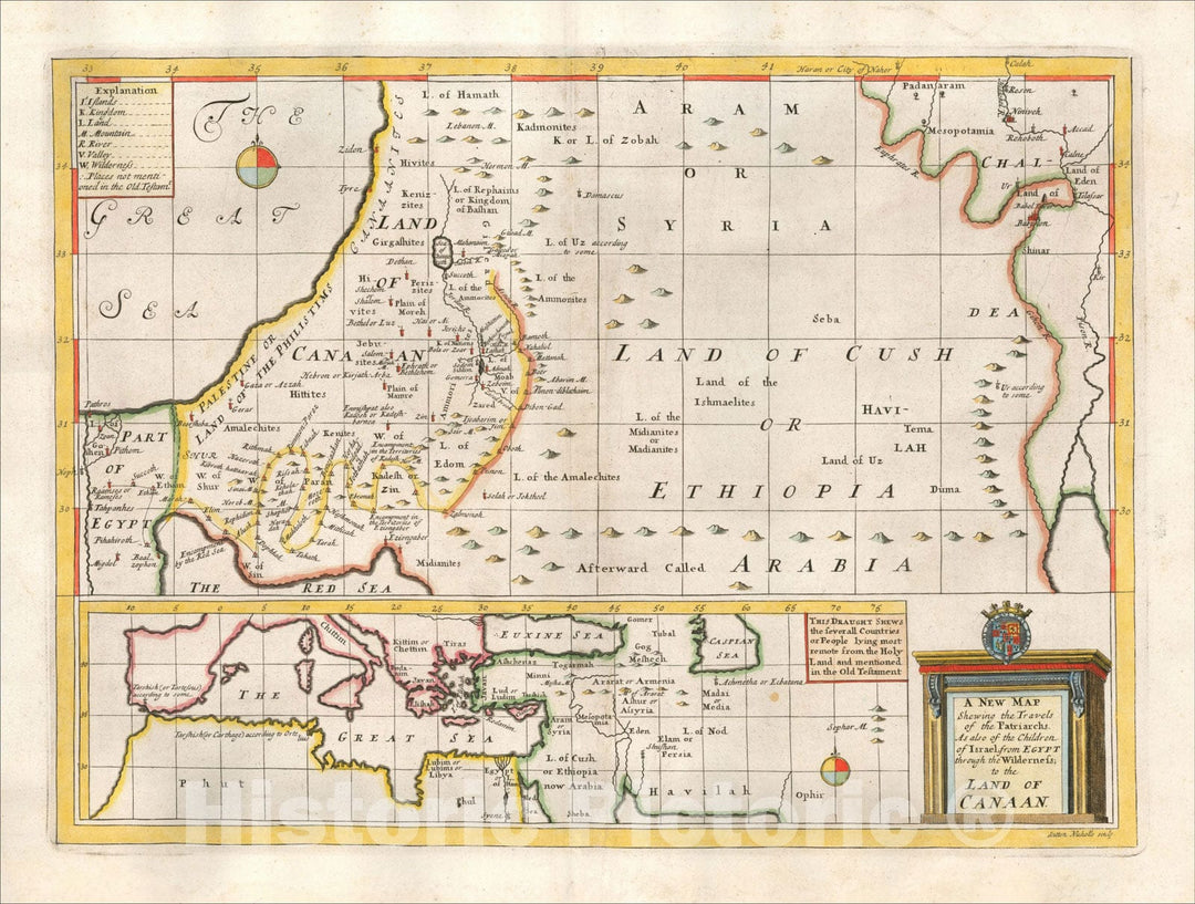 Historic Map : A New Map Shewing the Travels of the Patriarchs. As also of the Children of Israel, from Egypt whrough the Wilderness, 1712, Edward Wells, Vintage Wall Art