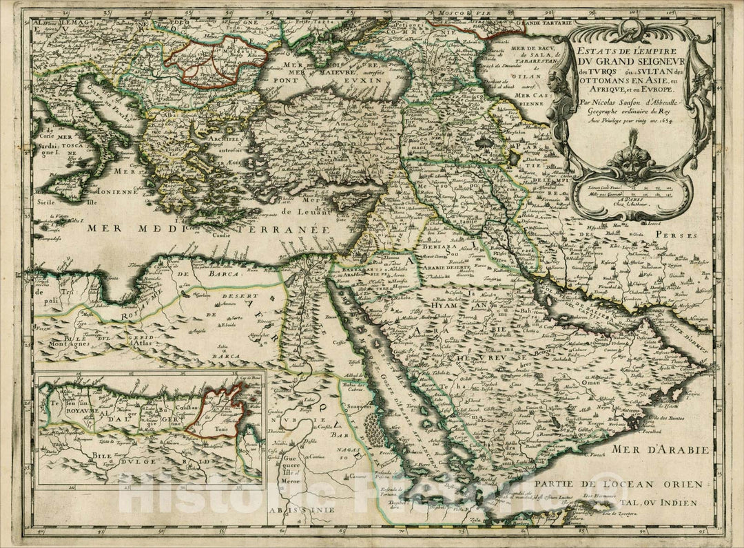 Historic Map : Estats De L'Empire Du Grande Seigneur Des Turqs ou Sultan des Ottomans En Asie, en Afrique et en Europe, 1654, 1654, , Vintage Wall Art