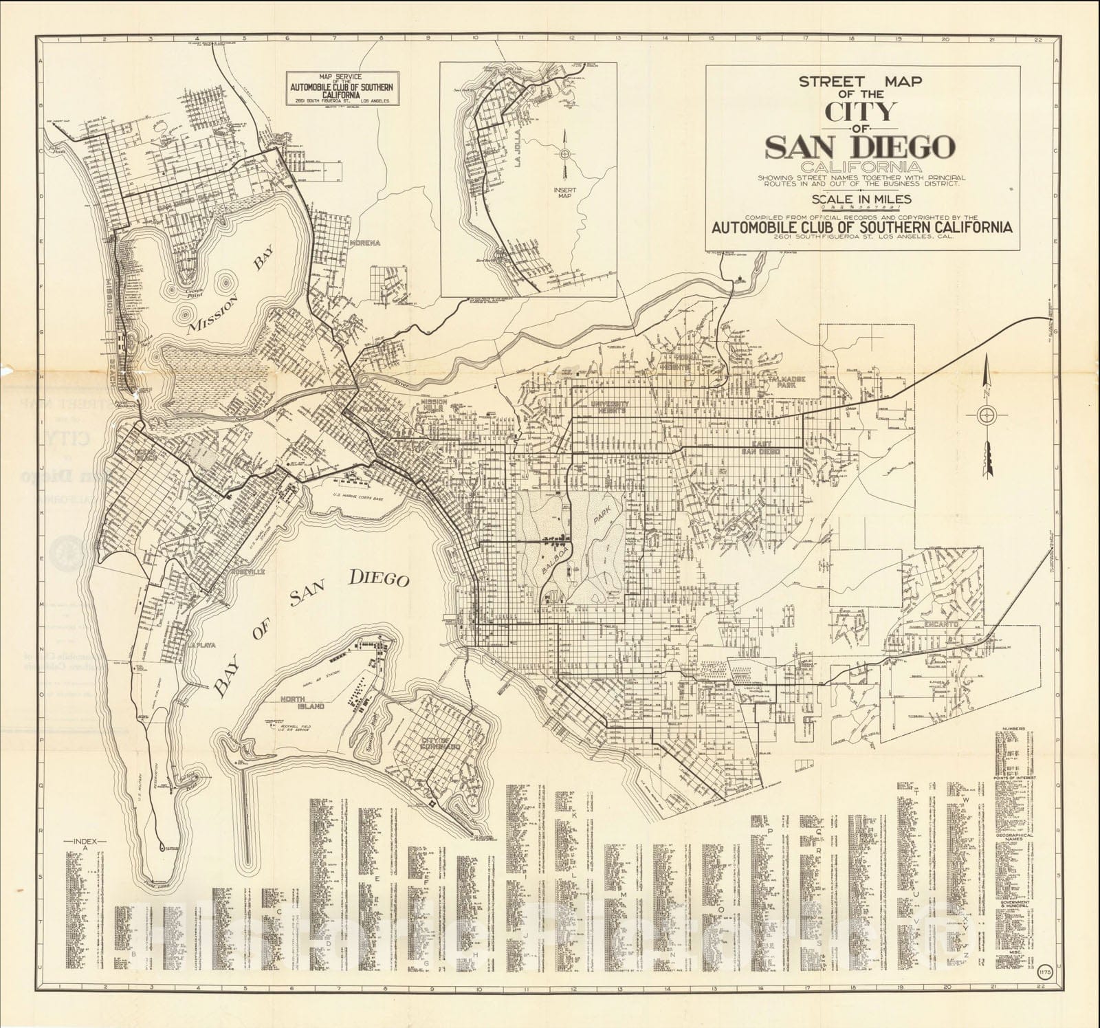 Historic Map : Street Map of The City of San Diego California, [La Jolla Inset], c1925, Automobile Club of Southern California, Vintage Wall Art