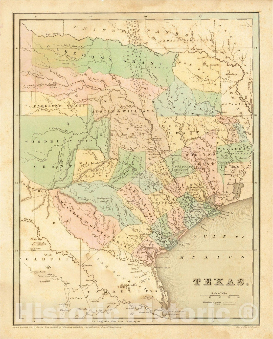 Historic Map : Texas [Republic of Texas], 1838, Thomas Gamaliel Bradford, Vintage Wall Art