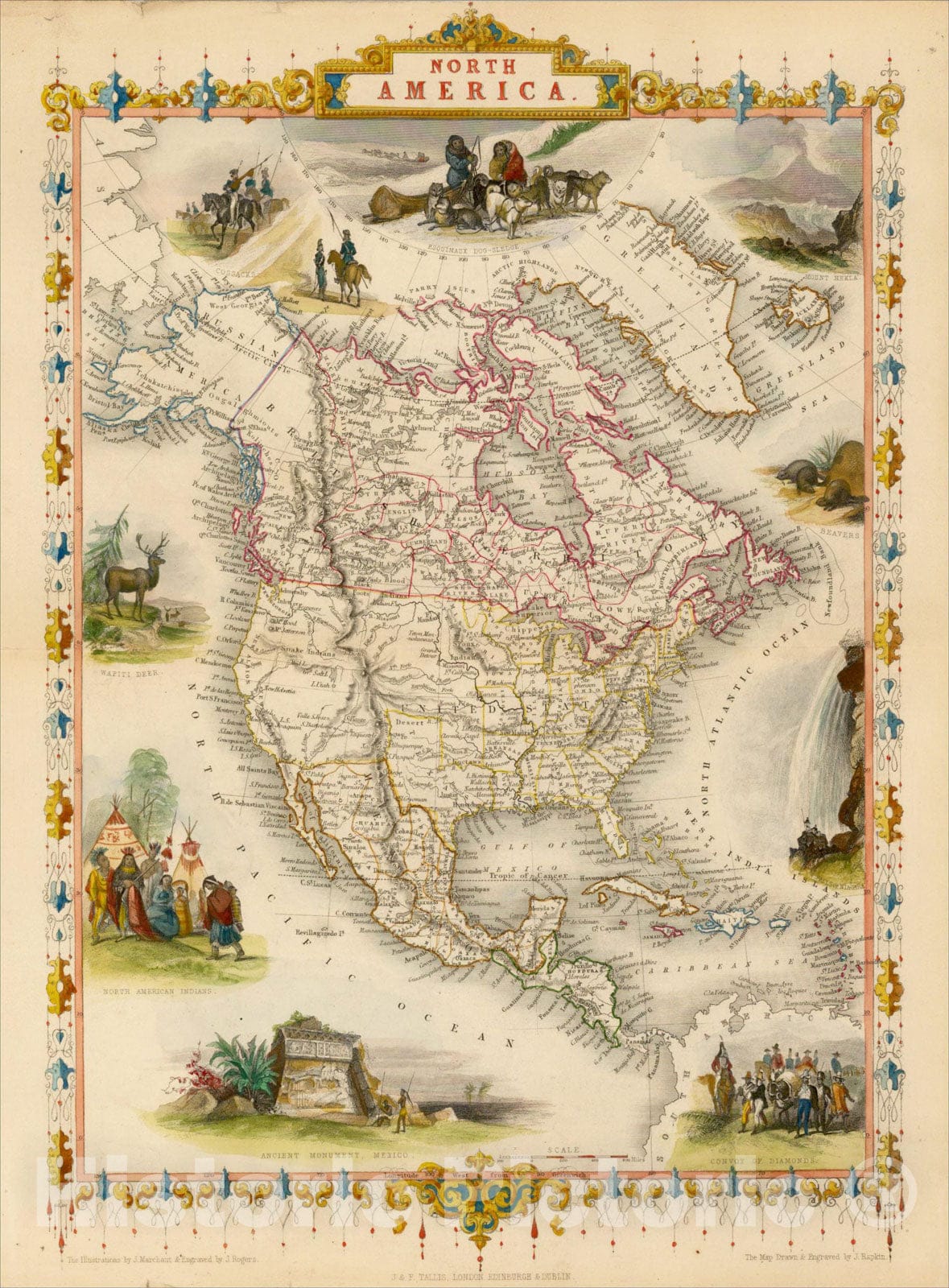 Historic Map : North America, 1851, John Tallis, v1, Vintage Wall Art