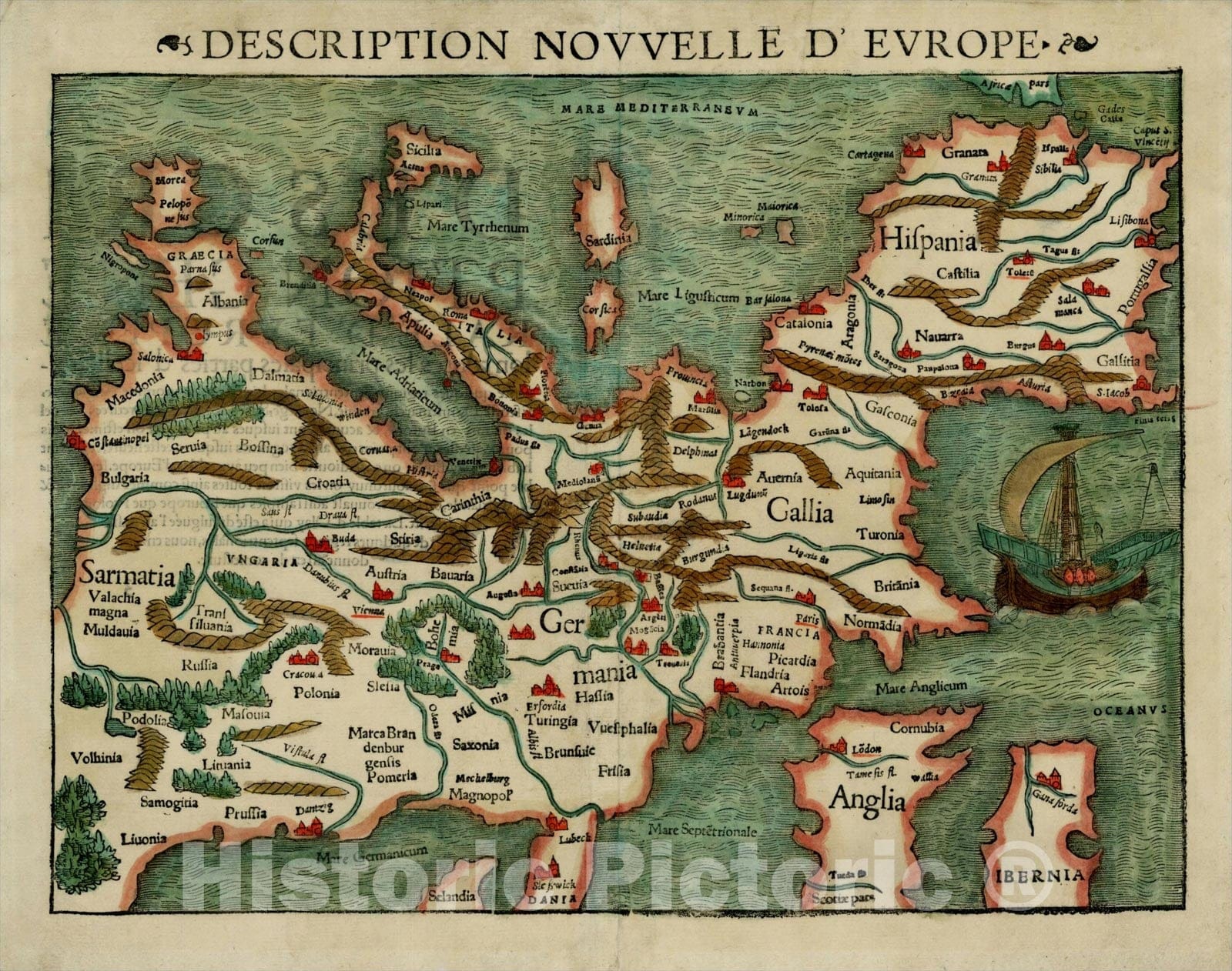 Historic Map : Description Nouvelle D'Europe, c1552, Sebastian M?nster, Vintage Wall Art