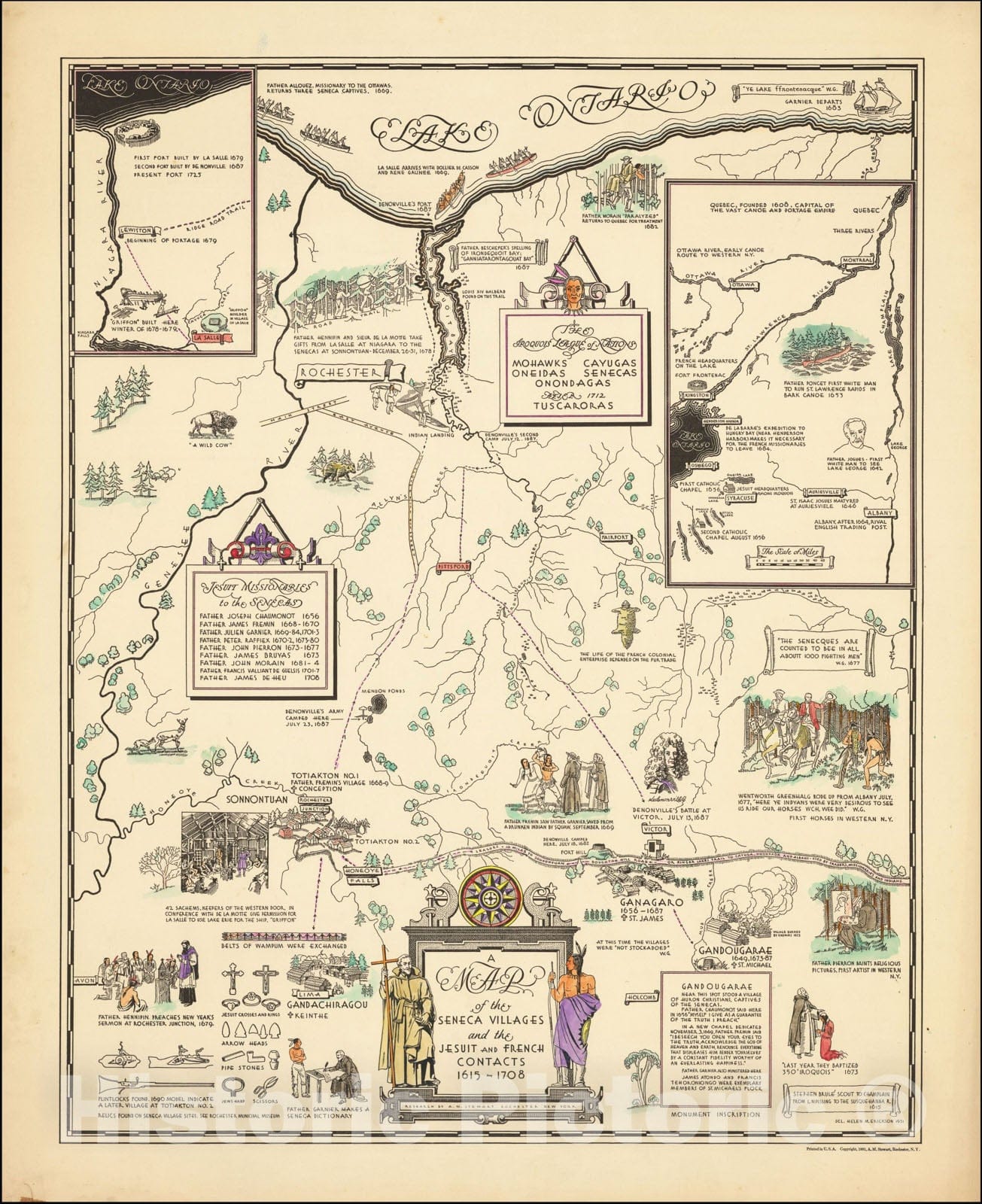 Historic Map : A Map of the Seneca Villages and the Jesuit and French Contacts 1615-1708, 1931, Helen M. Erickson, Vintage Wall Art