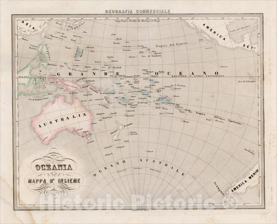 Historic Map : Oceania Mappa D'Insieme, c1855, Francesco Marmocchi, Vintage Wall Art