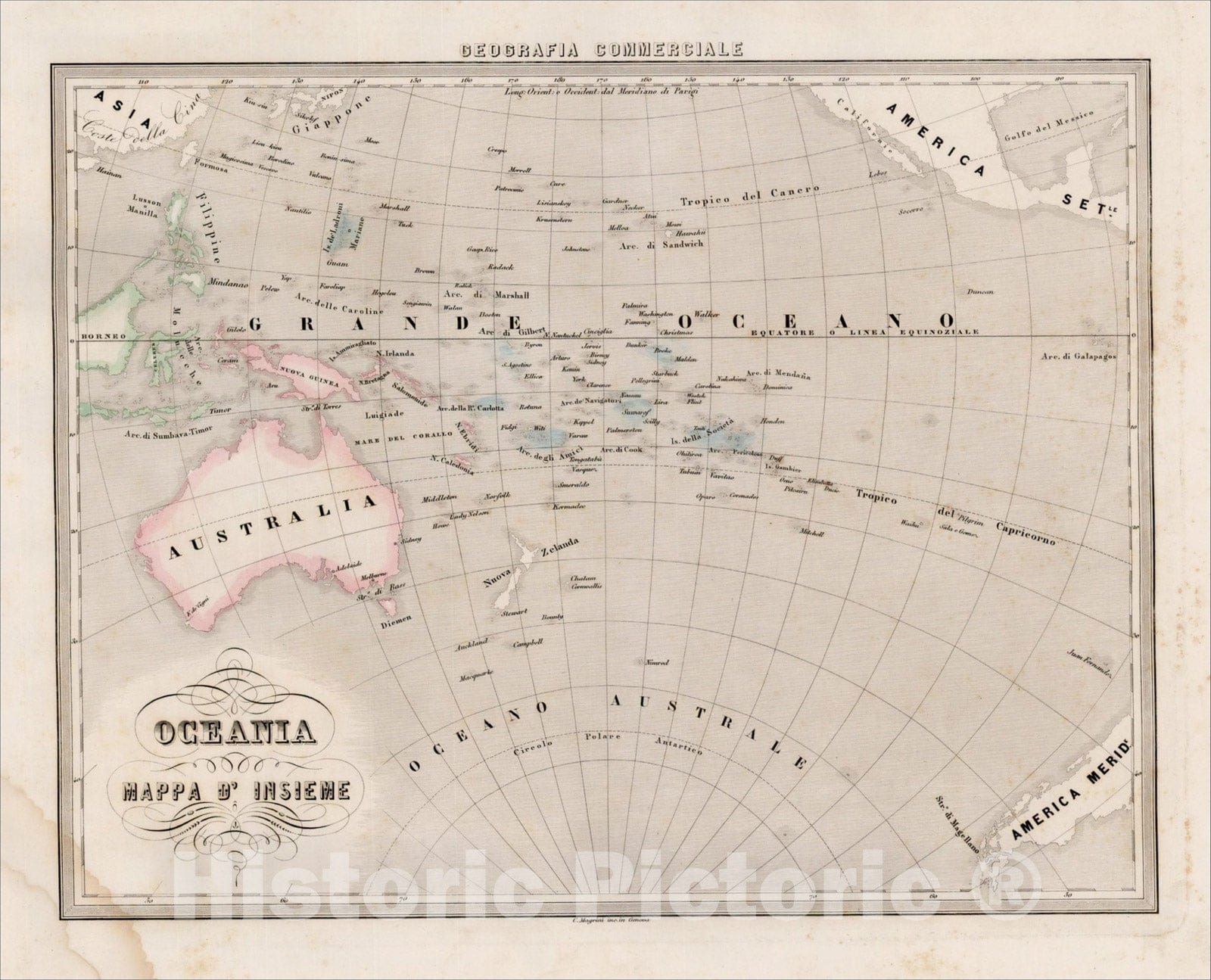 Historic Map : Oceania Mappa D'Insieme, c1855, Francesco Marmocchi, Vintage Wall Art