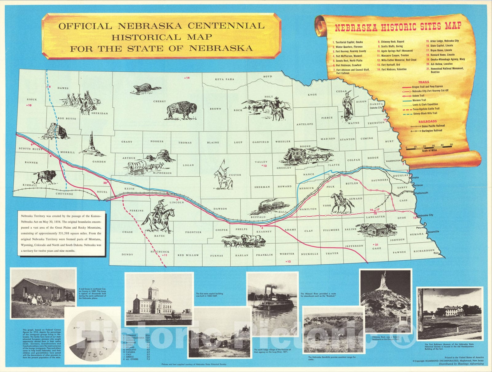 Historic Map : Official Nebraska Centennial Historical Map For The State of Nebraska, 1967, Nebraska Centennial Commission, Vintage Wall Art