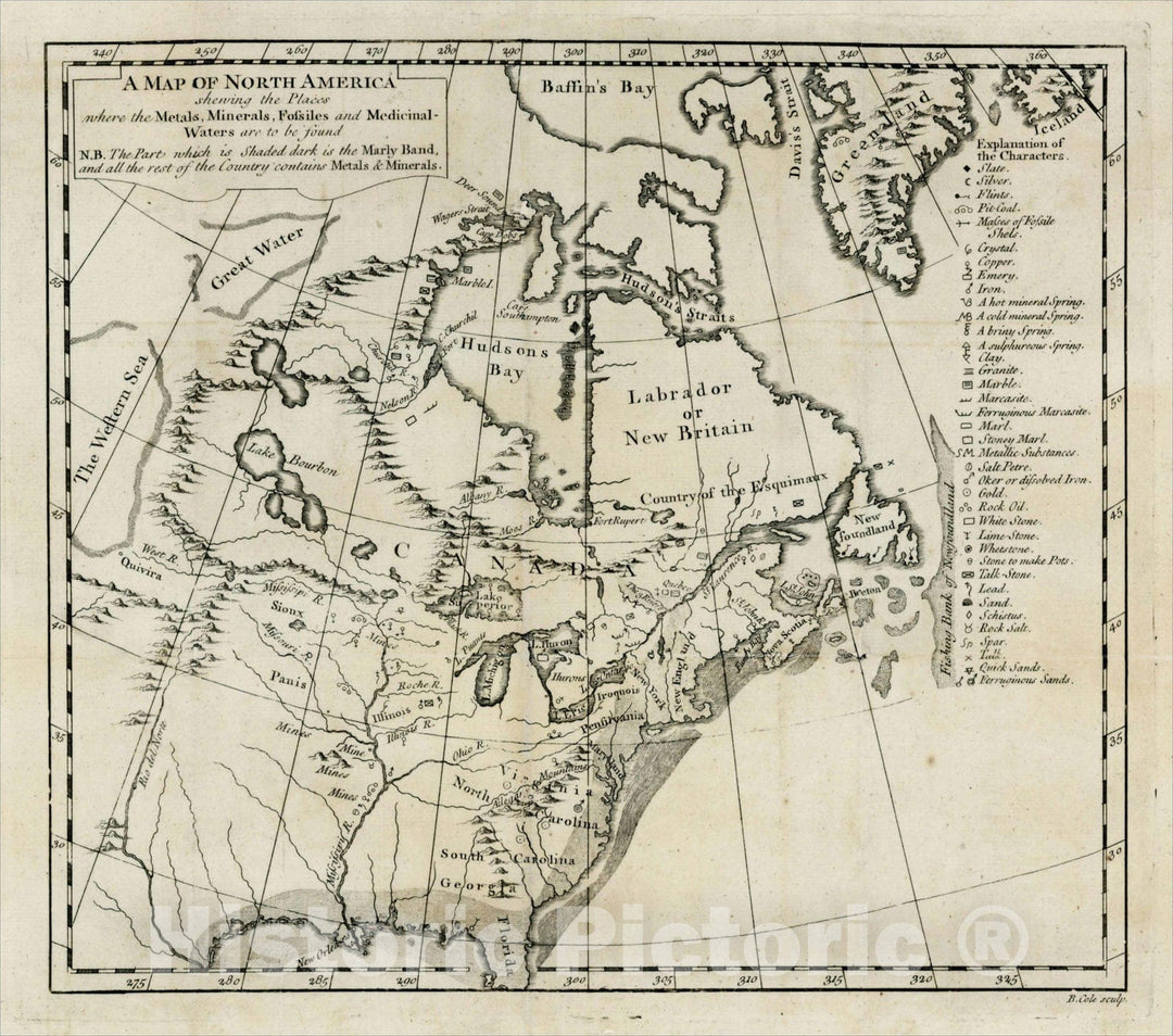 Historic Map : A Map of North America shewing the Places where the Metals, Minerals, Fossiles and Medicinal Waters are to be found, 1756, Benjamin Cole, Vintage Wall Art