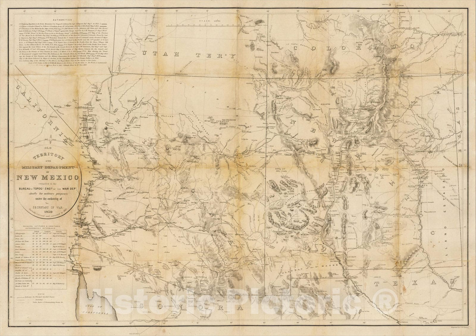 Historic Map : Old Territory and Military Department of New Mexico, 1863, United States Bureau of Topographical Engineers, Vintage Wall Art