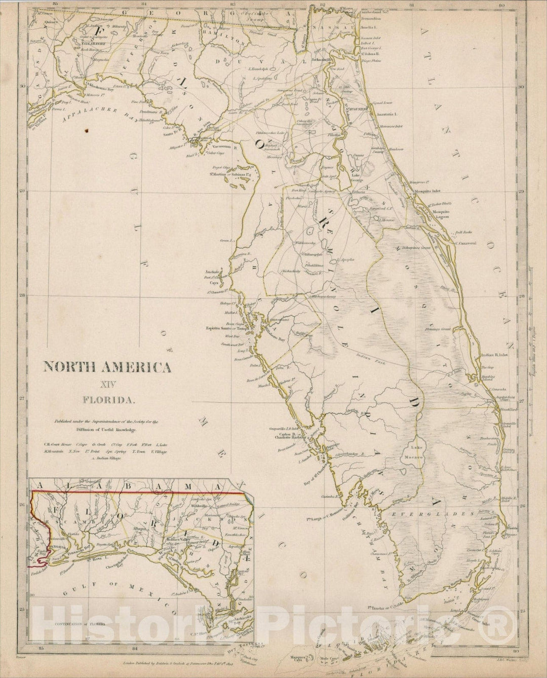 Historic Map : North America XIV Florida., 1834, SDUK, v2, Vintage Wall Art