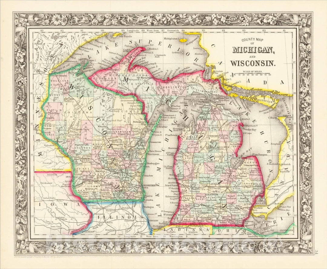 Historic Map : County Map of Michigan and Wisconsin, 1862, Samuel Augustus Mitchell Jr., Vintage Wall Art