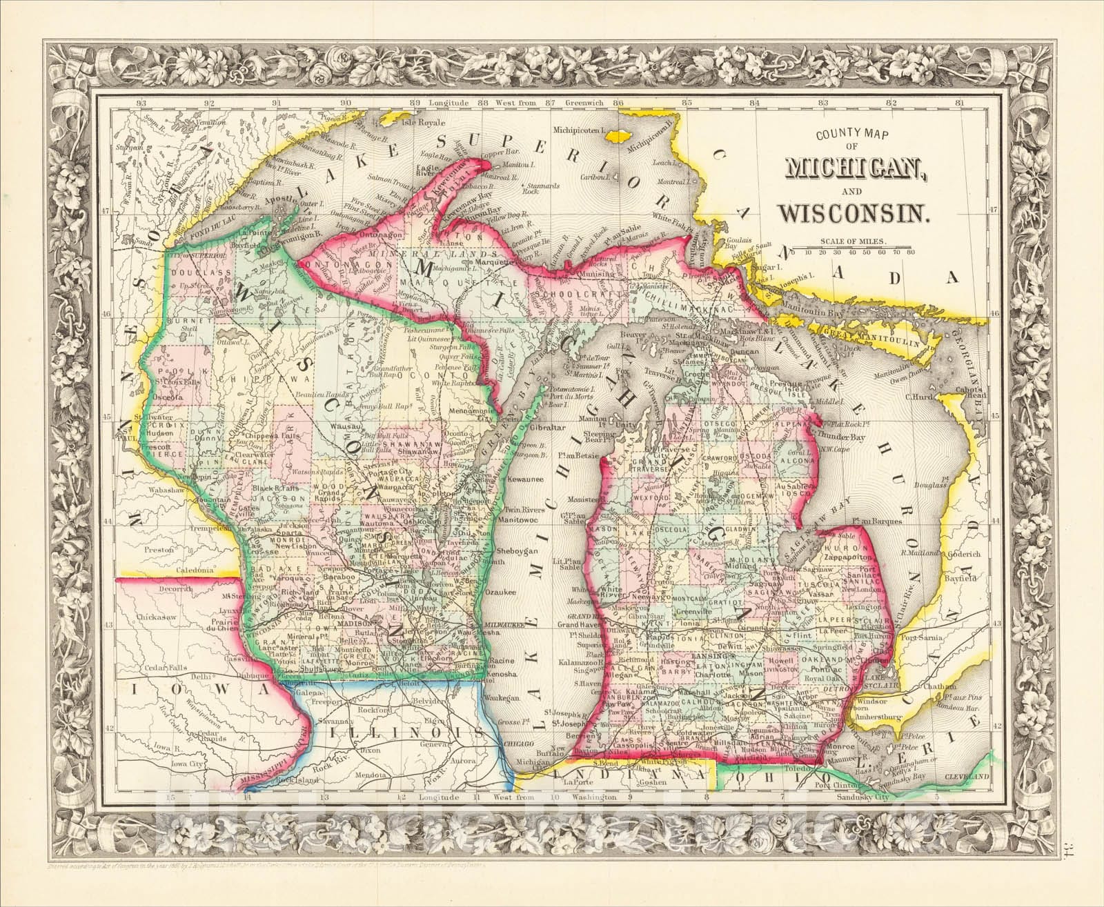 Historic Map : County Map of Michigan and Wisconsin, 1862, Samuel Augustus Mitchell Jr., Vintage Wall Art