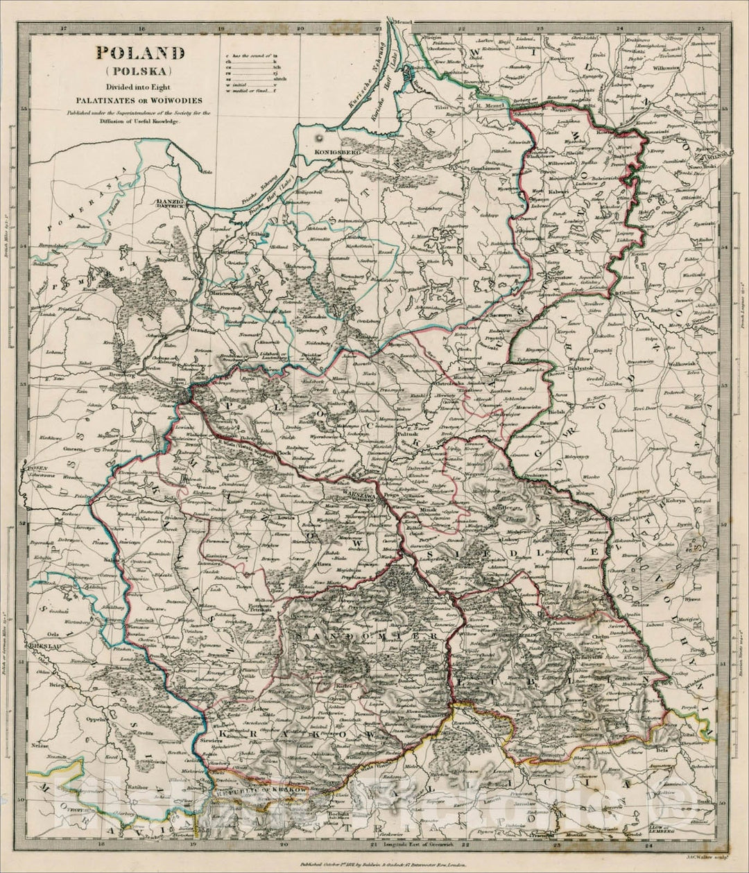 Historic Map : Poland (Polska) Divided into Eight Palatinates or Woiwodies, 1831, SDUK, Vintage Wall Art