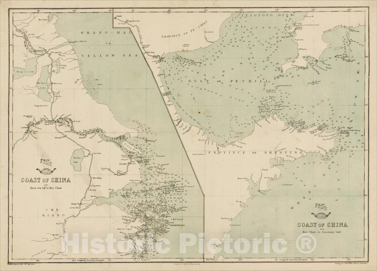 Historic Map : Coast of China from Nyew-tew Isld. to Hae Chow (and) Coast of China from Hae Chow to Leaotong Gulf, c1860, Edward Weller, Vintage Wall Art