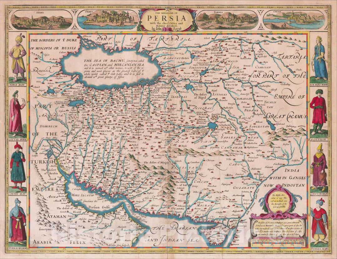 Historic Map : The Kingdome of Persia with the cheef citties and Habites descibed by John Speede, 1676, John Speed, Vintage Wall Art