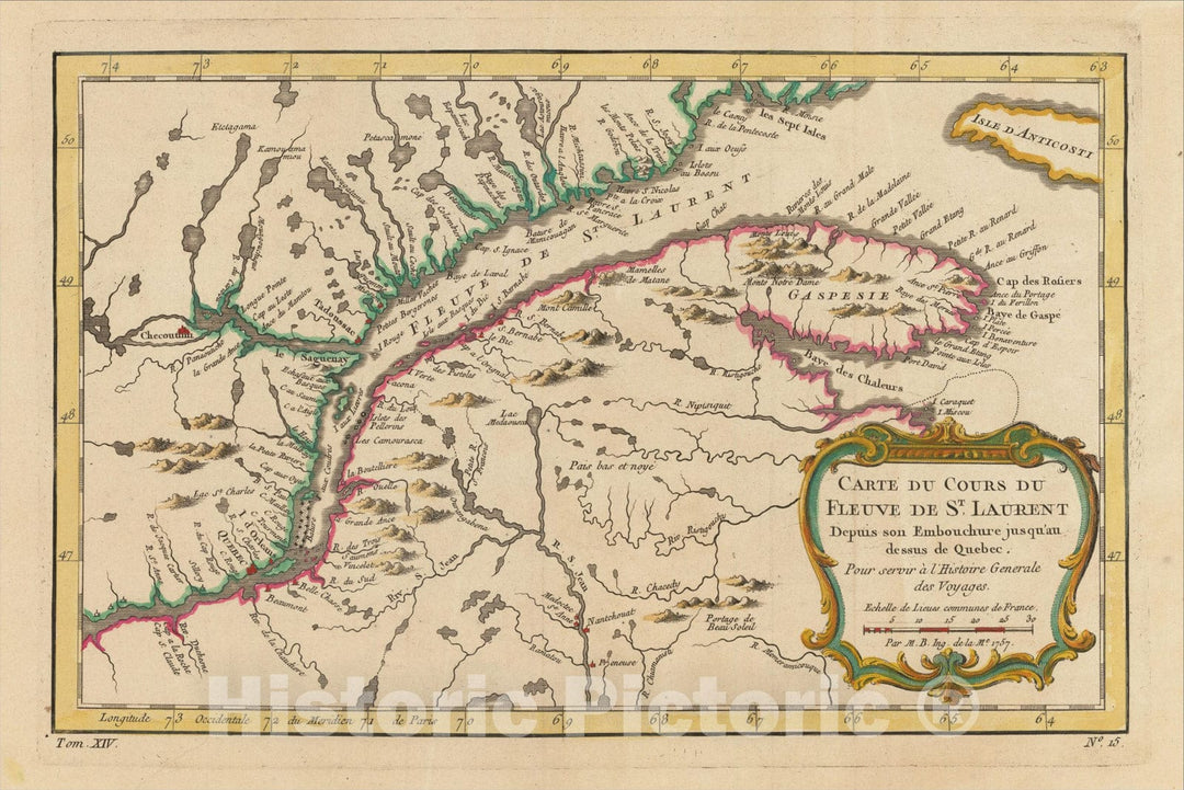 Historic Map : Carte Du Cours Du Fleuve De St. Laurent Depuis son Embouchere jusqu'au dessus de Quebec 1757, 1757, Jacques Nicolas Bellin, Vintage Wall Art