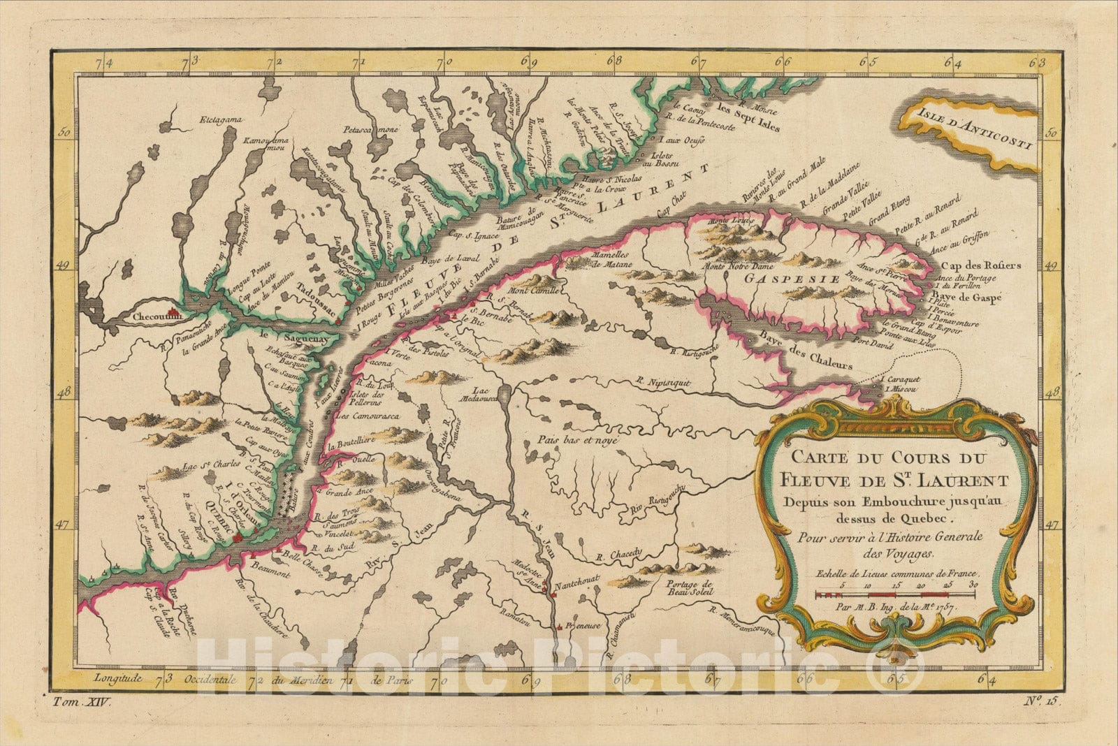 Historic Map : Carte Du Cours Du Fleuve De St. Laurent Depuis son Embouchere jusqu'au dessus de Quebec 1757, 1757, Jacques Nicolas Bellin, Vintage Wall Art