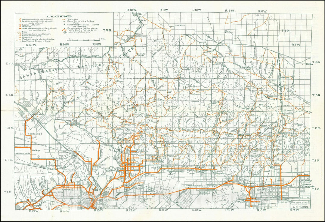 Historic Map : Hiking in the Wonderful Mountains of Southern California, Map of Trains Entrance which are Quickly Reached via Pacific Electric Railway, c1918, Vintage Wall Art