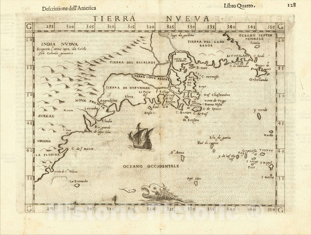 Historic Map : Tierra Nueva [New England], 1561, Girolamo Ruscelli, Vintage Wall Art