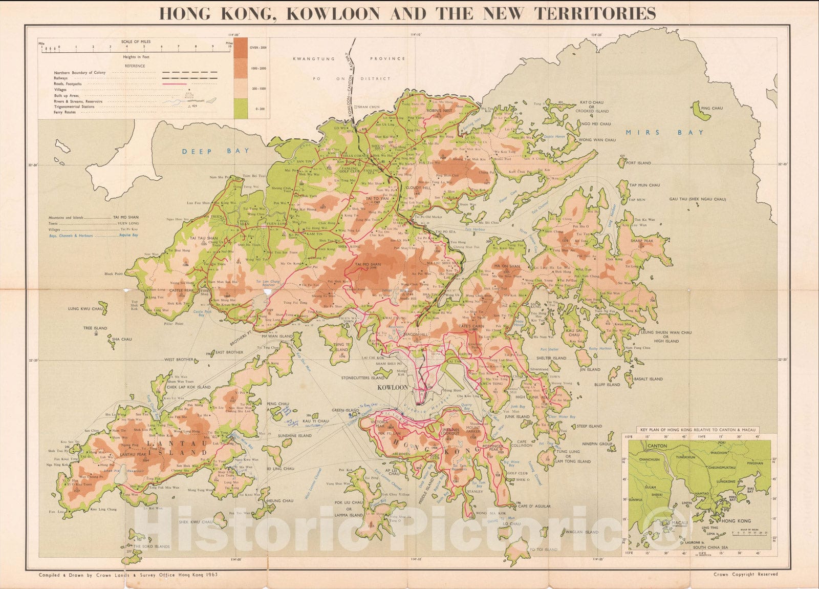 Historic Map : Map of Hong Kong Kowloon and the New Territories, 1963, Crown Lands & Survey Office Hong Kong, Vintage Wall Art